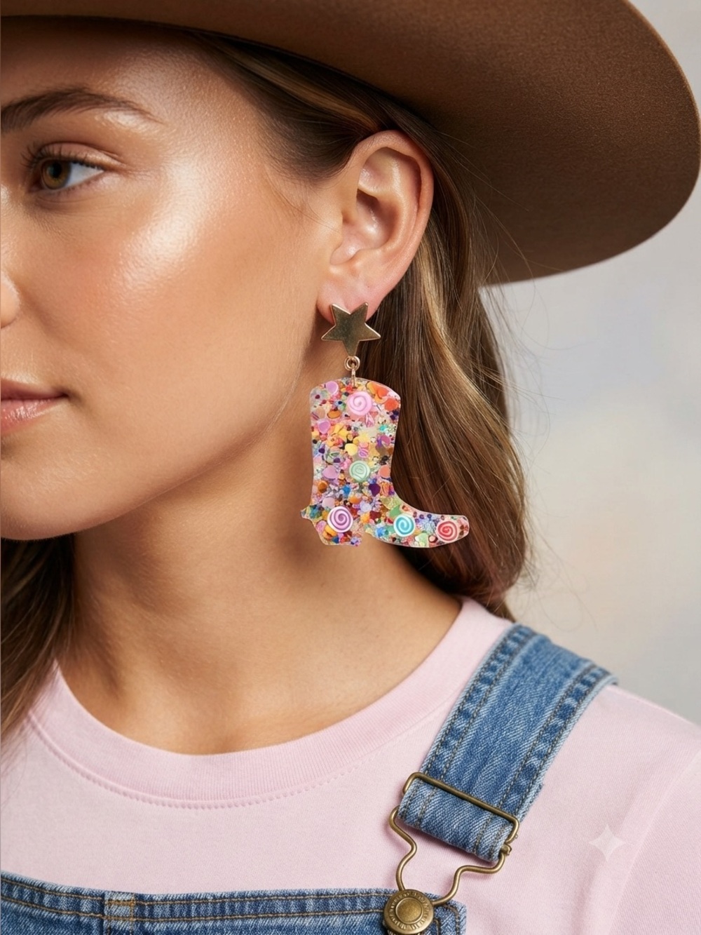 Colorful Candy Confetti Cowboy Boot Drop Earrings - Gold Star Top Glitter Swirl